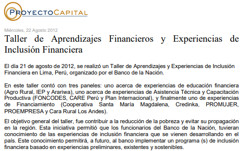 Taller de Aprendizajes Financieros y Experiencias de Inclusión Financiera
