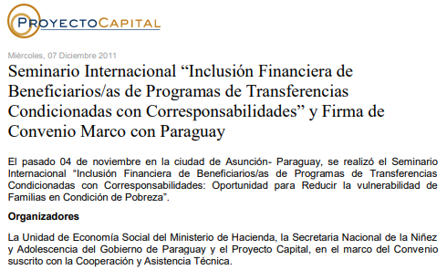 Seminario Internacional “Inclusión Financiera de Beneficiarios/as de Programas de Transferencias Condicionadas con Corresponsabilidades” y Firma de Convenio Marco con Paraguay
