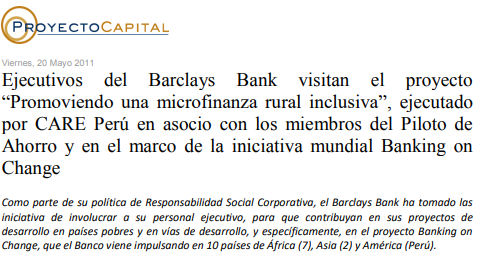 Ejecutivos del Barclays Bank Visitan el Proyecto “Promoviendo una microfinanza rural inclusiva”, ejecutado por CARE Perú en asocio con los miembros del Piloto de Ahorro y en el Marco de la Iniciativa Mundial Banking on Change