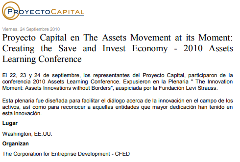 Proyecto Capital en The Assets Movement at its Moment: Creating the Save and Invest Economy – 2010 Assets Learning Conference