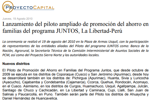 Lanzamiento del Piloto Ampliado de Promoción del Ahorro en Familias del Programa JUNTOS, La Libertad-Perú