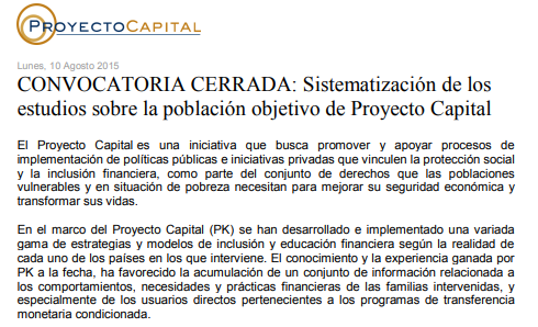 CONVOCATORIA CERRADA: Sistematización de los Estudios sobre la Población Objetivo de Proyecto Capital