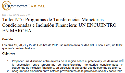 Taller Nº7: Programas de Tansferencias Monetarias Condicionadas e Inclusión Financiera: Un Encuentro en Marcha